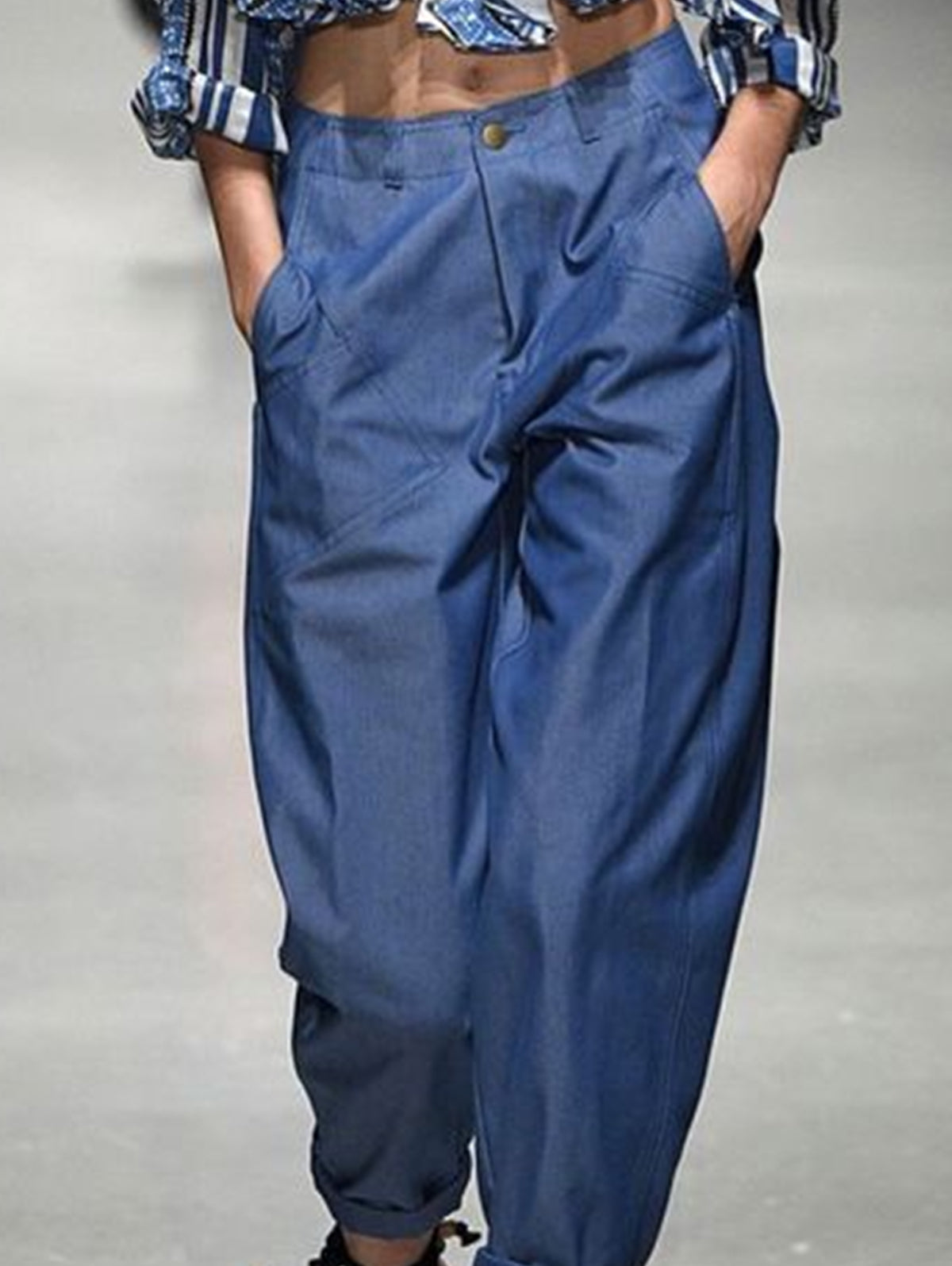 Casual Navy Blue Denim Loose Carrot Pants