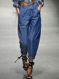 Casual Navy Blue Denim Loose Carrot Pants