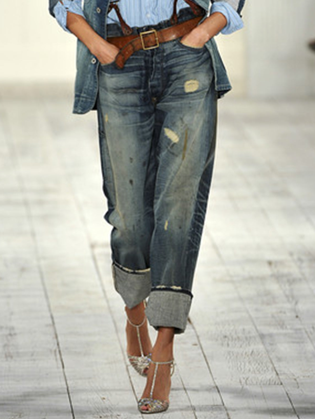 Retro Plain Distressed Light Washed Denim Pants