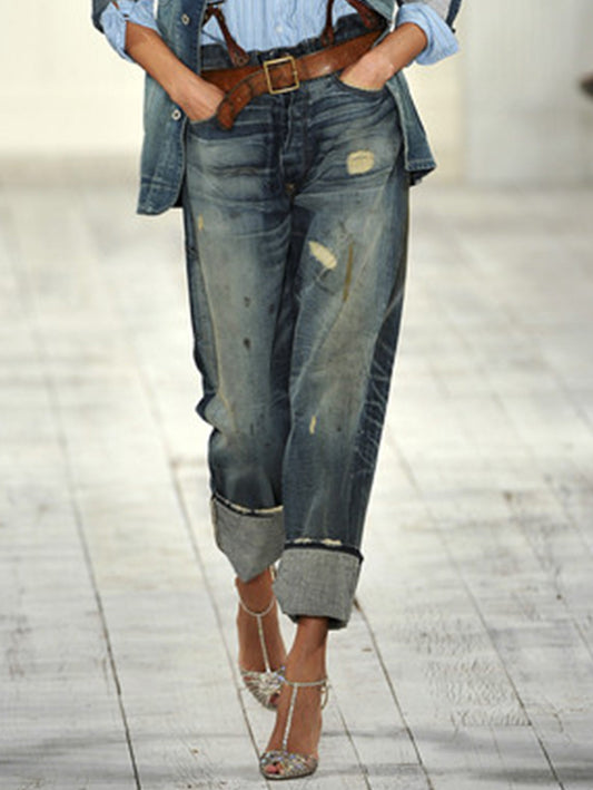 Retro Plain Distressed Light Washed Denim Pants