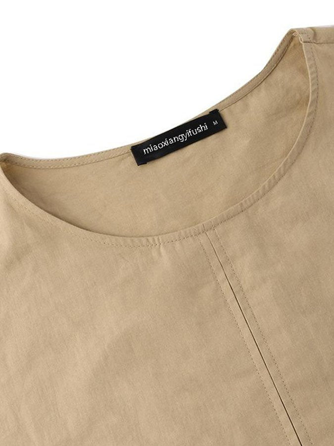 Cotton and Linen Long Sleeve Round Neck Swing Dress