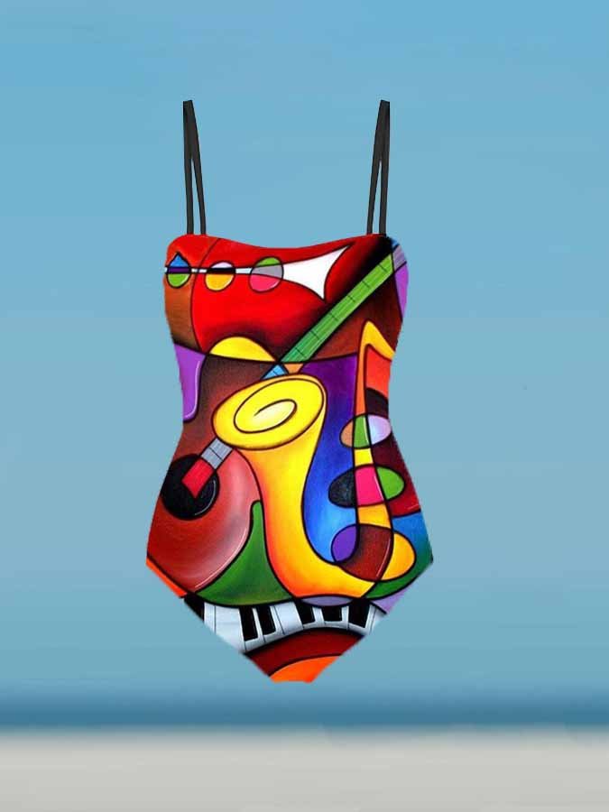 Fashion V-Neck Floral Oil Painting Print One Piece Swimsuit Set