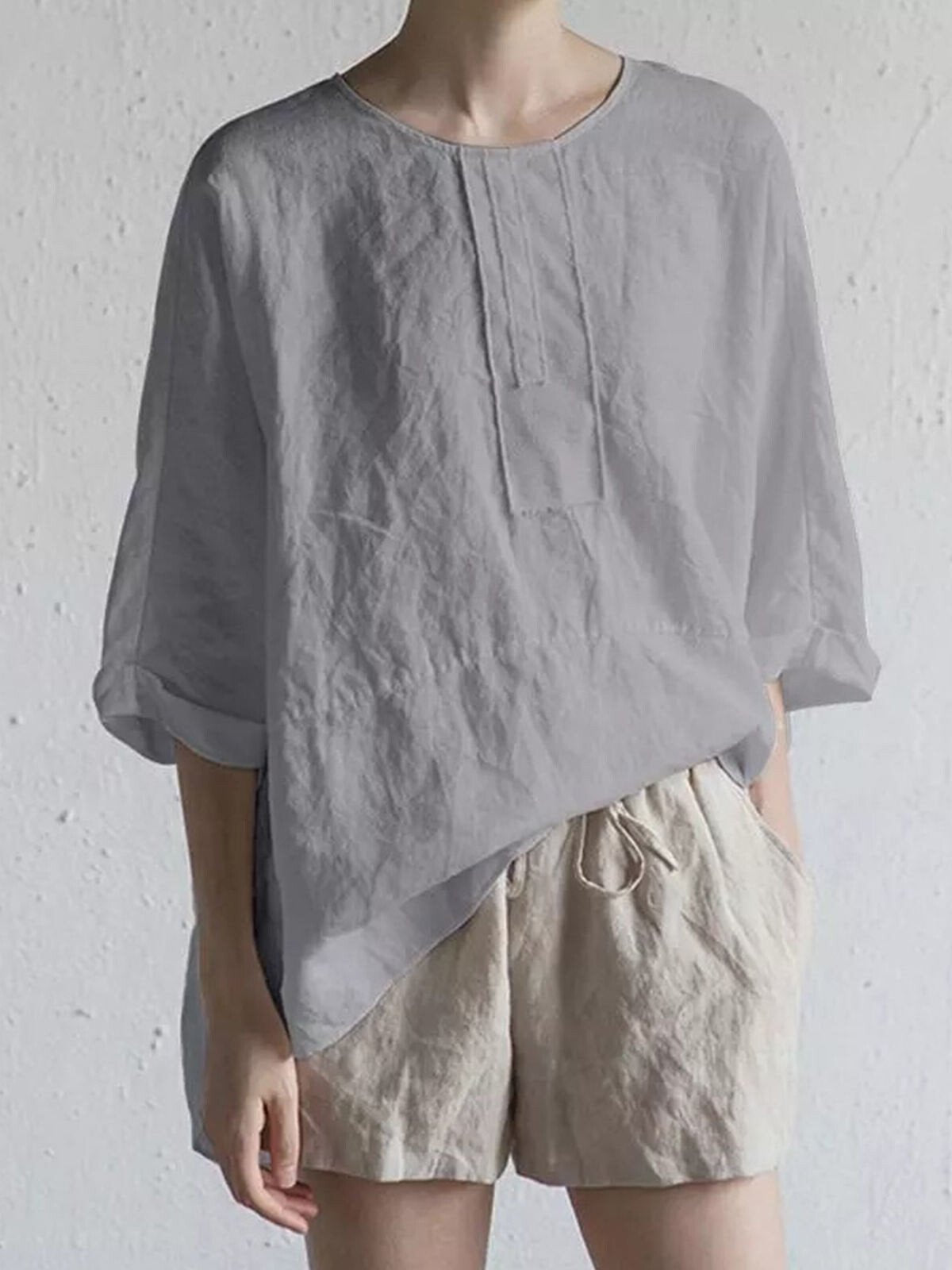 Women's Casual Pure Color Half Sleeve Cotton And Linen T-Shirt