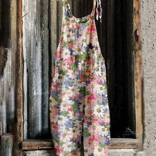 Ladies Casual Daisy Print Cotton Linen Jumpsuit