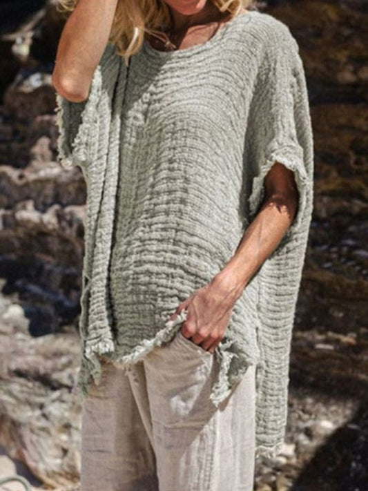 Women's Cotton Linen Slit Fringe Top