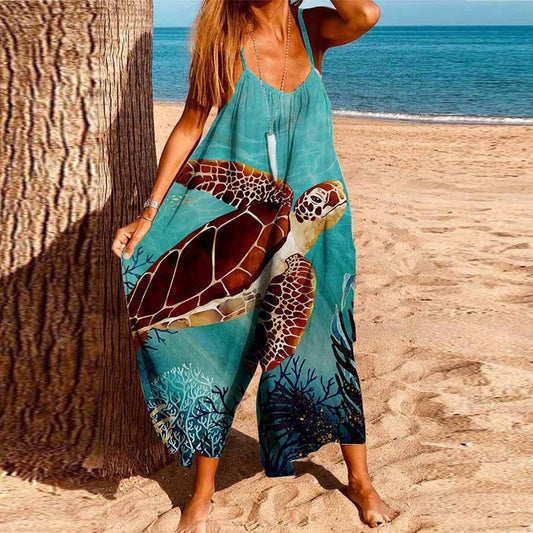 Women's Casual Sea Turtle Print Sleeveless Loose Jumpsuit