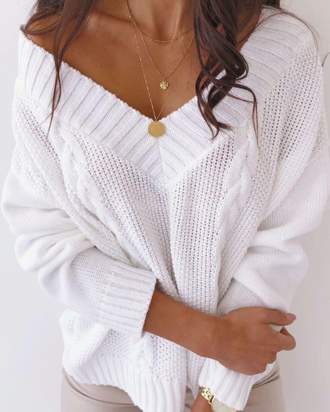 Women Deep V-neck Sweater Off Shoulder Oversized Knitted Pullover Knitwear