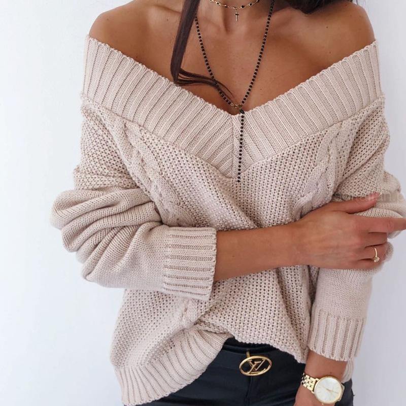 Women Deep V-neck Sweater Off Shoulder Oversized Knitted Pullover Knitwear