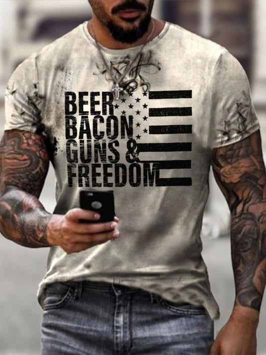 Mens Beer Bacon Guns And Freedom Printed T-shirt