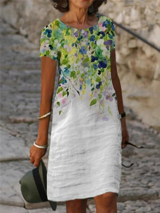Printed Crew Neck Short Sleeve Dress