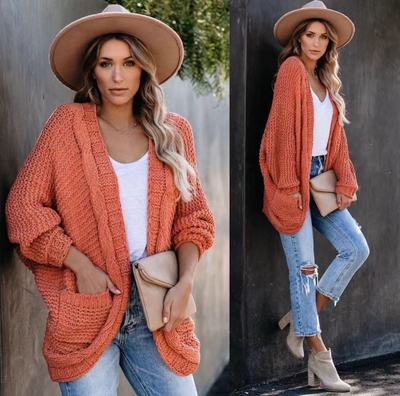 Lantern Sleeve Pumpkin Color Irregular Hem Cardigan