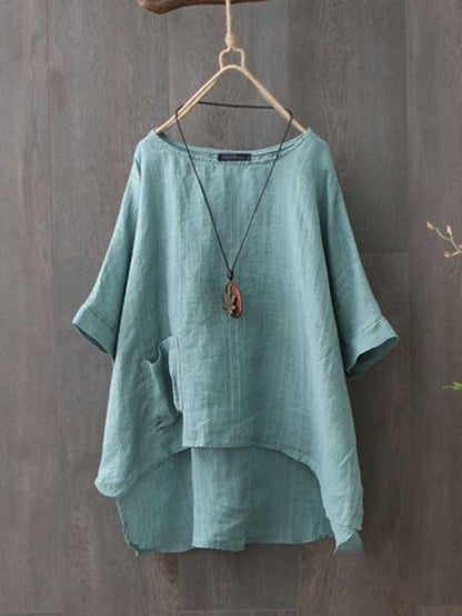 Vintage Round Neck Casual Cotton And Linen Top