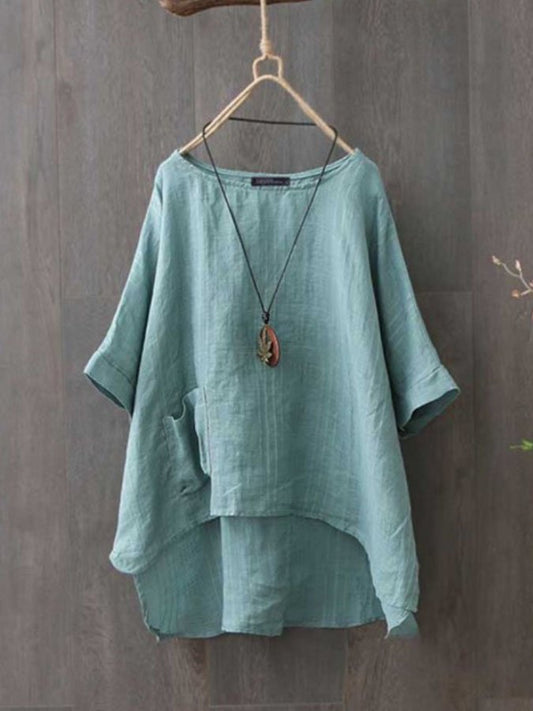 Vintage Round Neck Casual Cotton And Linen Top