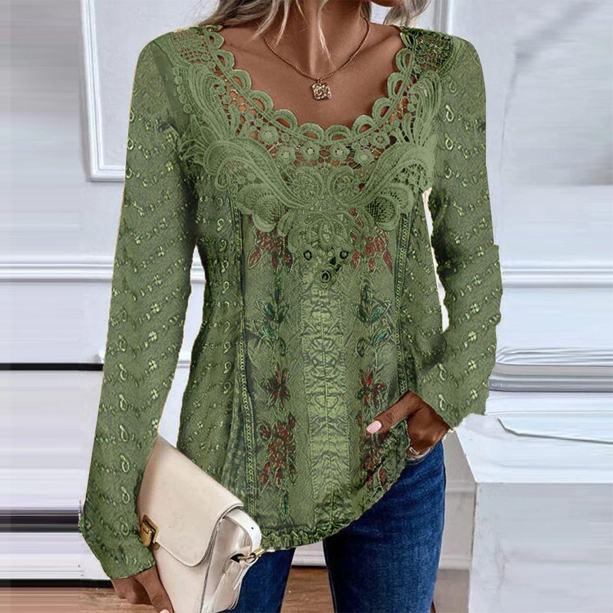 Green  Round Neck Long Sleeve Top