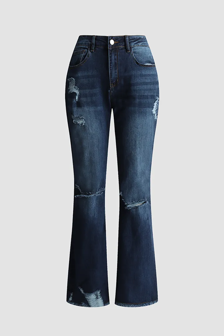 Raw Hem Ripped High Rise Flare Jeans
