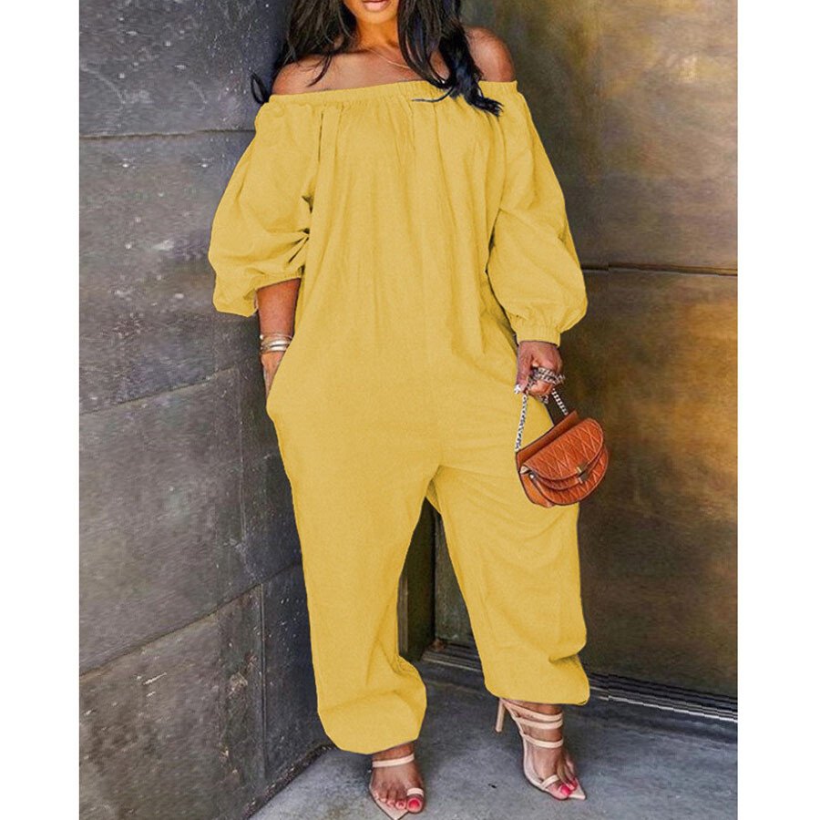 Off Shoulder Solid Lantern Sleeve Jumpsuit