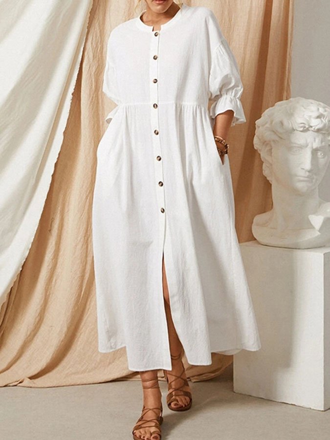 Single-Breasted Cotton And Linen Dress