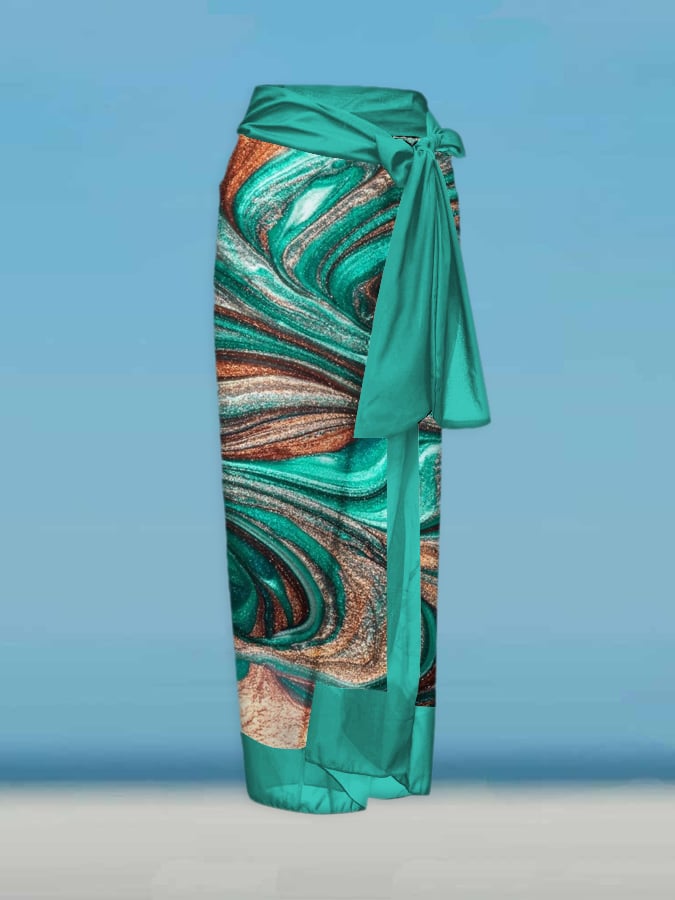 Color Block Print One Piece Swimsuit And Cover Up