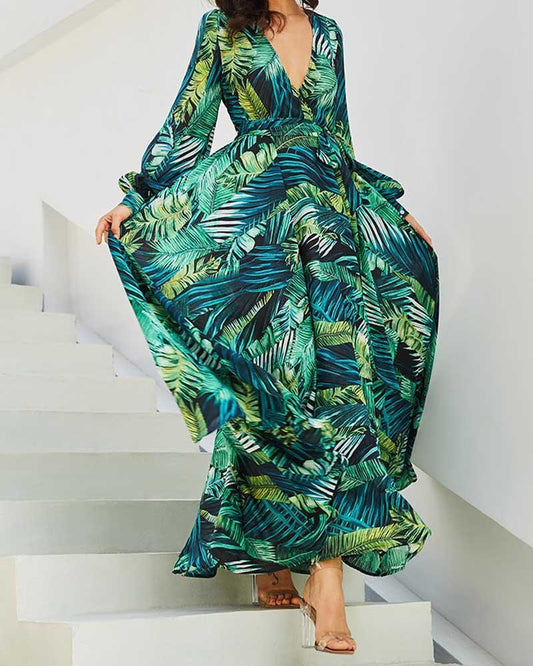 Green Leaf Print Maxi Dress