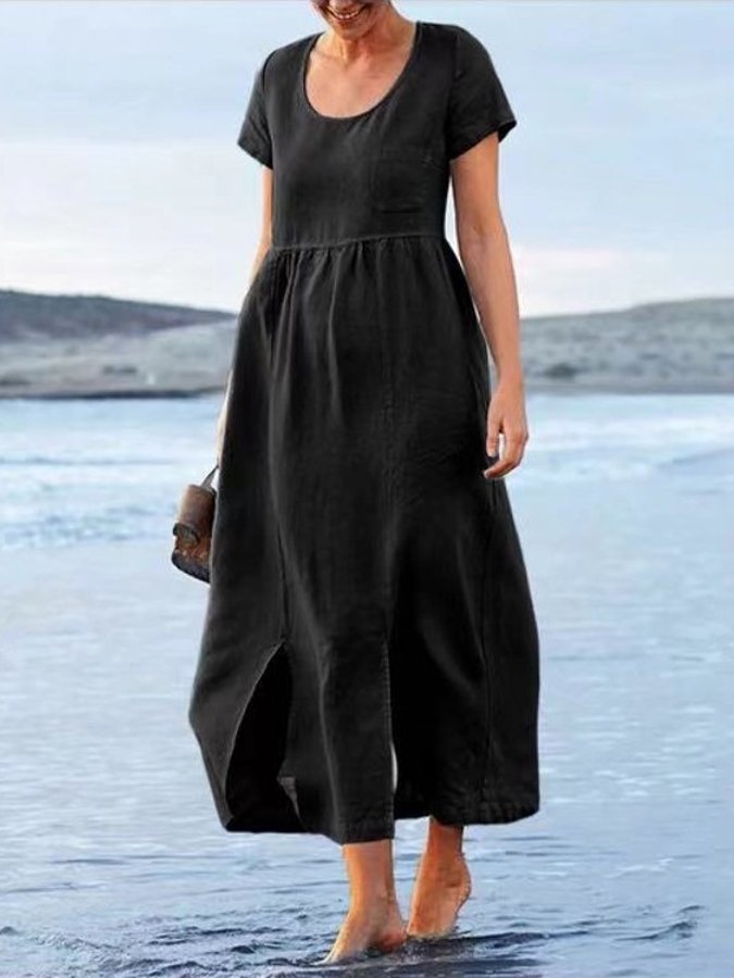 Women's Cotton Linen Round Neck Short Sleeve Pocket Irregular Hem Medium Length  Dress