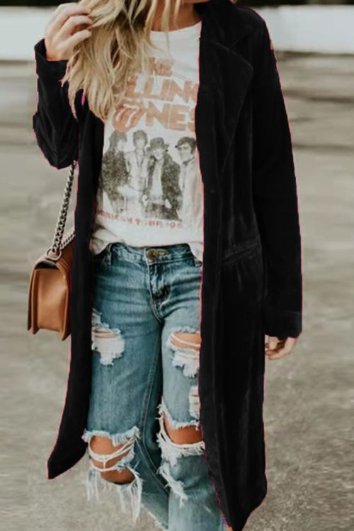 Fashion Chic Loose Gold Velvet Long Sleeve Pocket Coat