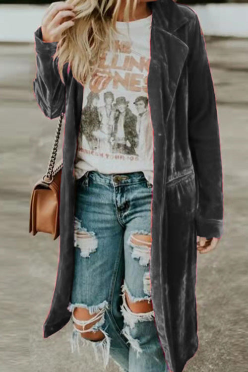 Fashion Chic Loose Gold Velvet Long Sleeve Pocket Coat
