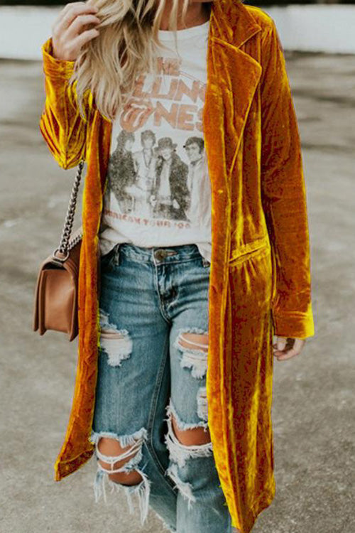 Fashion Chic Loose Gold Velvet Long Sleeve Pocket Coat