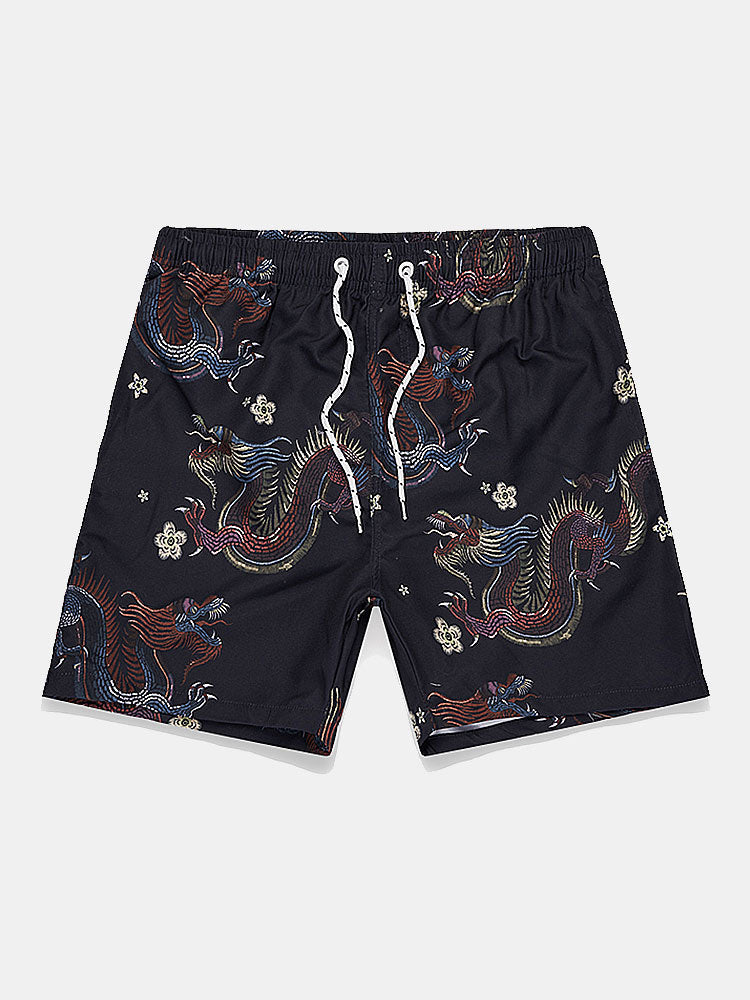 Dragon Floral Print Button Up Shirt & Dragon Print Swim Shorts