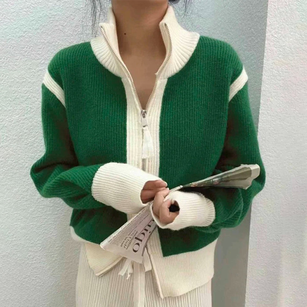 Green Color Block High Neck Sweater
