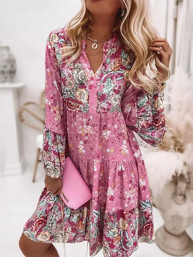 Women's Knee Length Dress Floral Smocked Ruffle Print V Neck Shift Dress