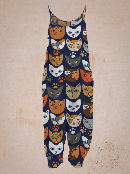 Cute O-neck Cat Casual print sleeveless Jumpsuit