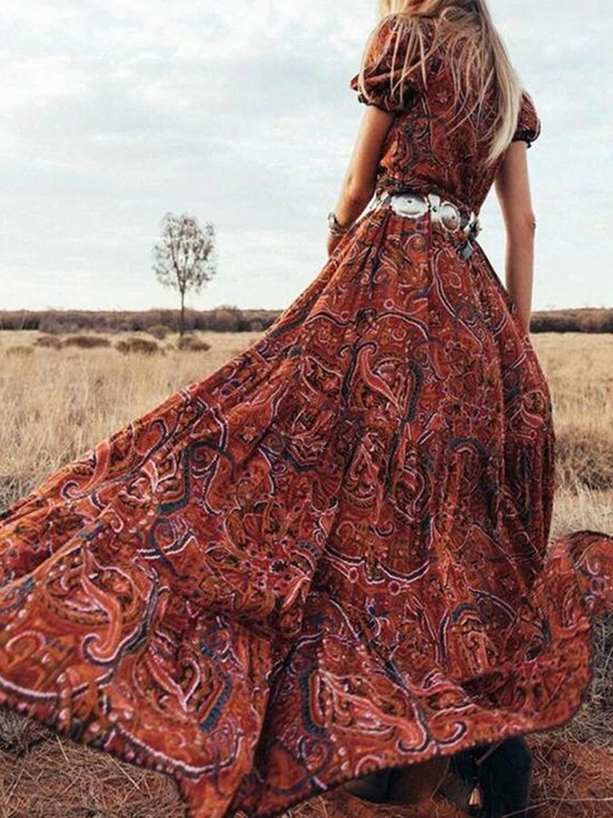 Vintage Print V-Neck Dress