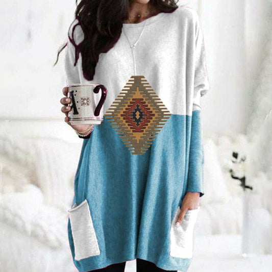 Ladies Retro Western Geometric Print Pocket T-Shirt