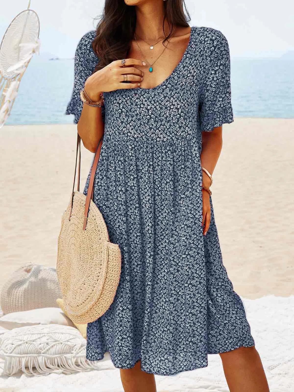 V Neck Floral Beach Vacation Casual Dresses