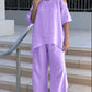 Women's Solid Color Round Neck Pullover Cotton Linen Short Sleeve Pants Set