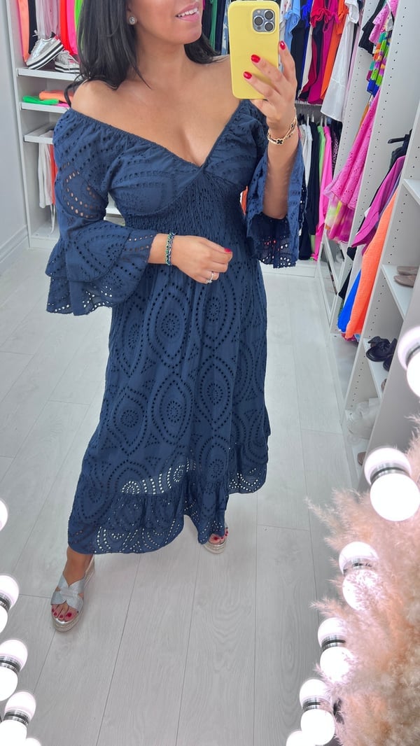 Embroidery Anglaise Frill Sleeve Midi Dress