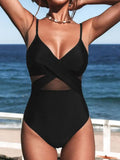 Women's V Neck Kink Mesh Sexy One Piece Bikini Swimsuit
