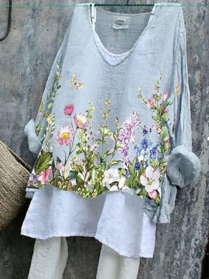 Casual Cotton And Linen Print Two-Piece Set