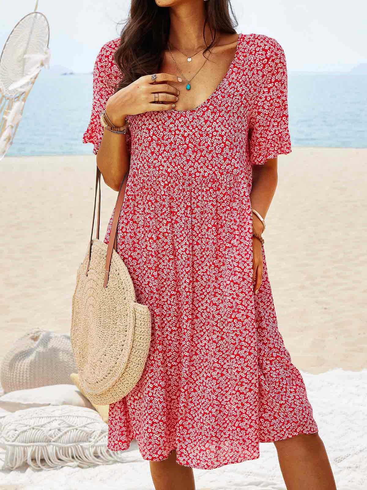 V Neck Floral Beach Vacation Casual Dresses