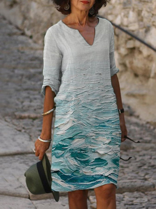 Women's Cotton Linen Wave V-Neck Loose Dress