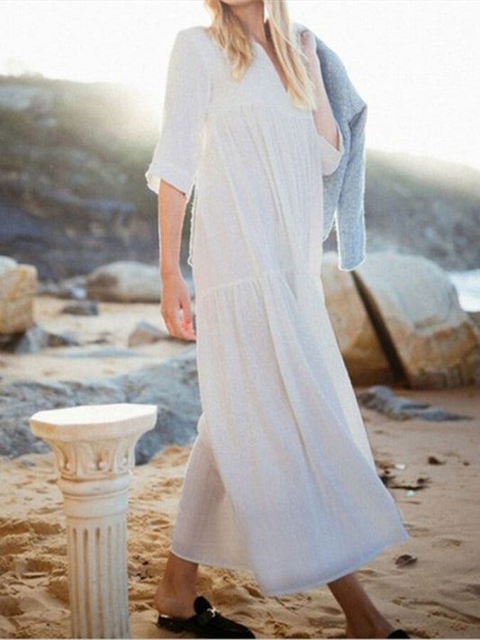Women's V-neck Pleated Long Cotton Linen Dress