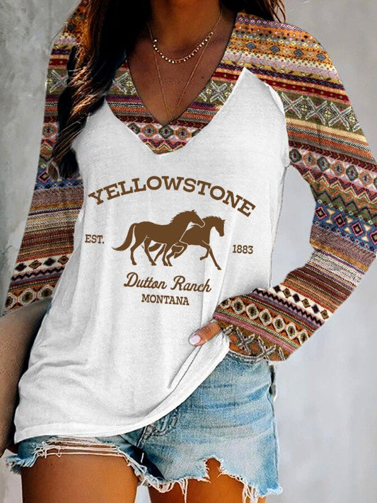 Women's Western Print V-Neck T-Shirt