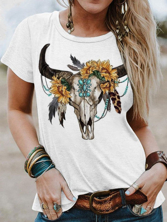 V-Neck Western Vintage Print T-Shirt