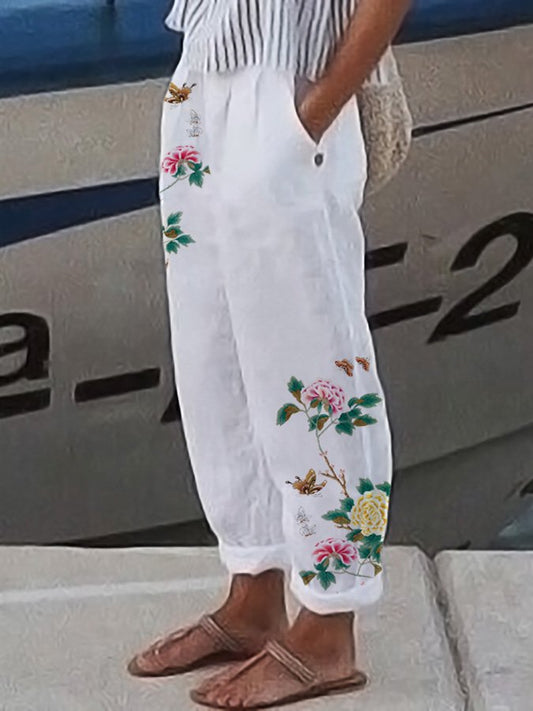 Women's Cotton Linen Floral Print Lounge Pants