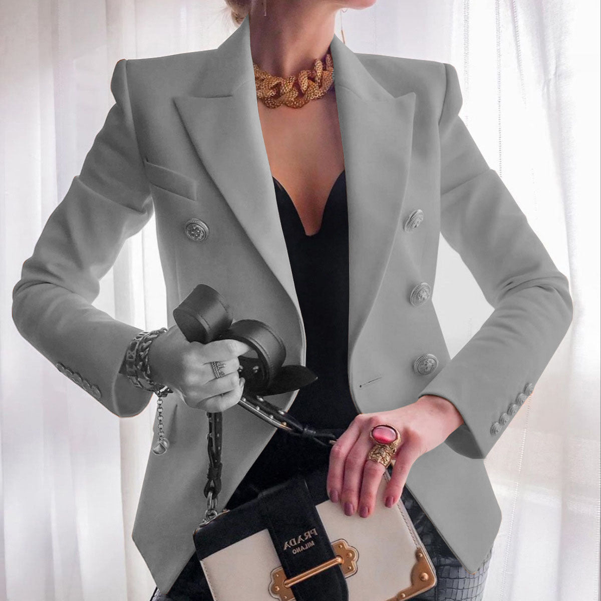 Fashion Chic Solid Long Sleeve Buttons Slim Coat
