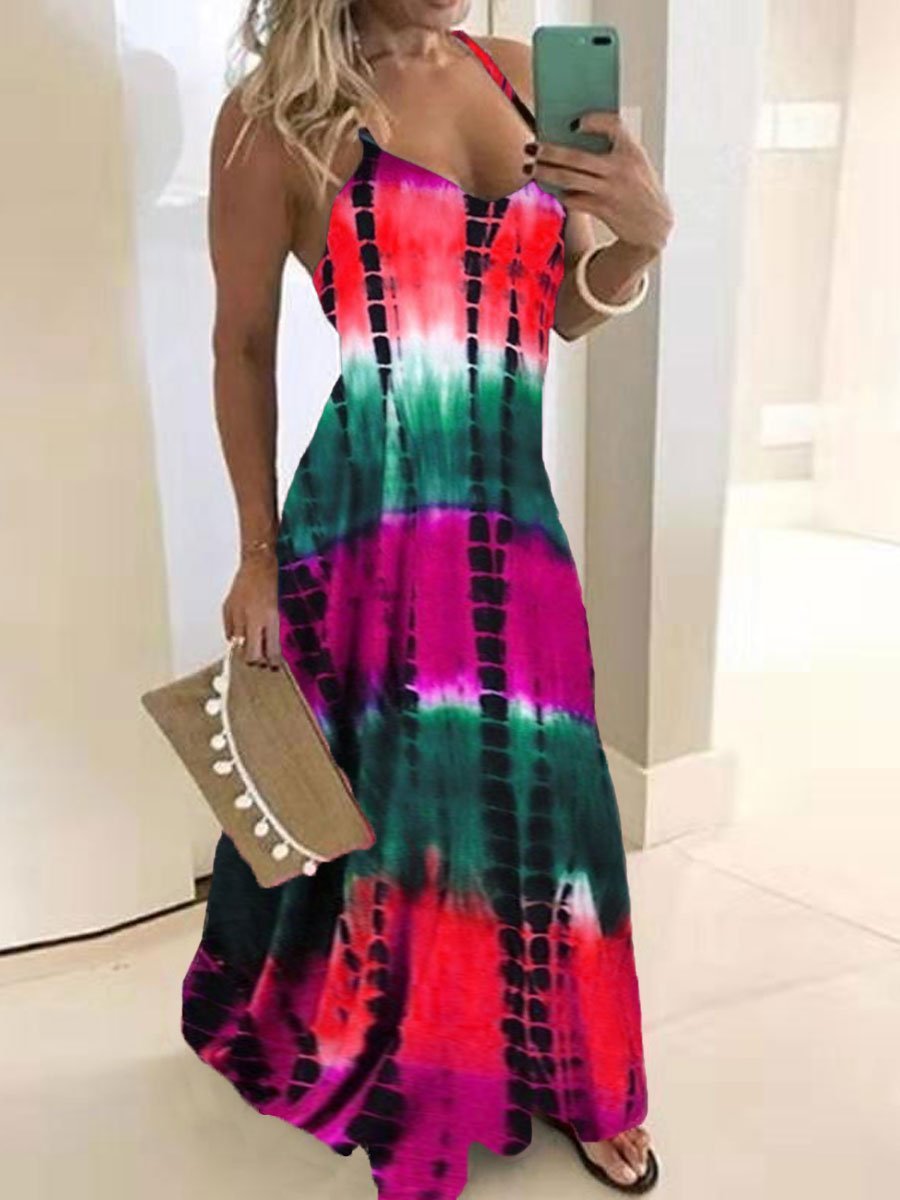 Tie-dye Printed Pocket Loose Sling Dress