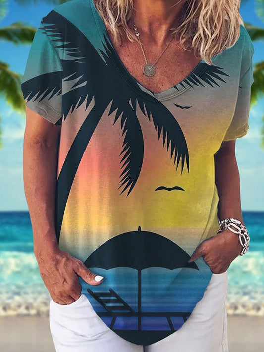 V-Neck Palm Tree Print Short Sleeve T-Shirt