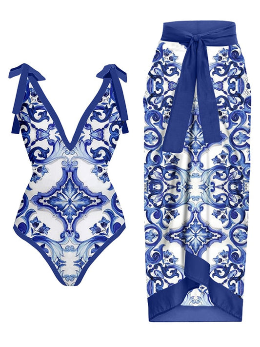 Fashion Vintage V-Neck Print One-Piece Swimsuit Set