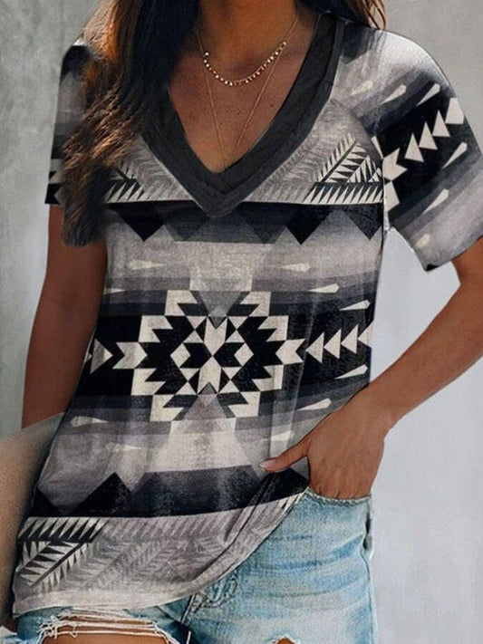 Vintage Geometric Print V-Neck T-Shirt