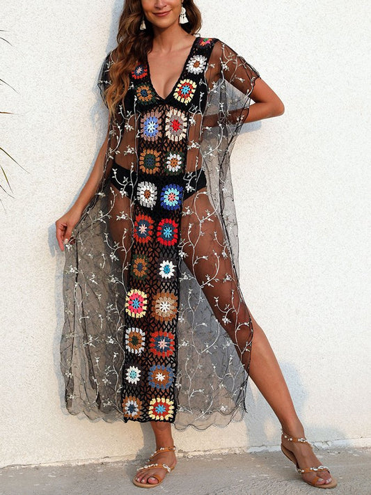 V Neck Embroidery Crochet Block Beach Cover Up